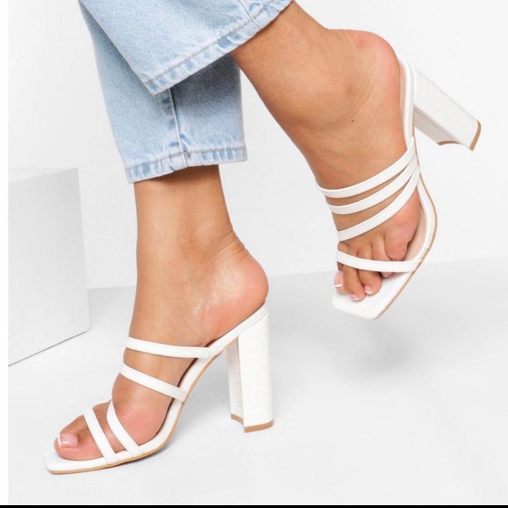 Multi Strap Block Heel Mule - White Croc Print